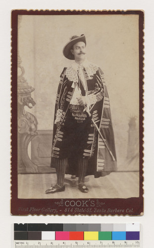 [Unidentified man in Spanish costume: de la Guerra relative, a nephew of Angustias (de la Guerra) Casarin/Ord. Could be a de la Guerra, Hartnell, Robinson, or Oreña. Or, if a grand-nephew, a Dibblee, Lee, or Thompson.]