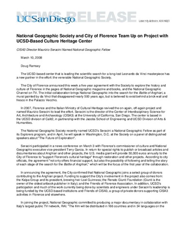 National Geographic Society and City of Florence Team Up on Project with UCSD-Based Culture Heritage Center--CISA3 Director Maurizio Seracini Named National Geographic Fellow