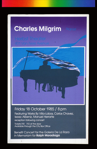 Charles Milgrim Pianist Benefit Concert For The Galeria de la Raza, Announcement poster for