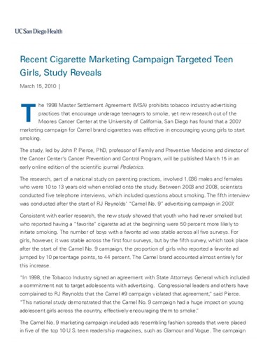 Recent Cigarette Marketing Campaign Targeted Teen Girls, Study Reveals