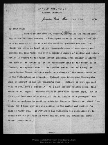 Letter from C[harles] S[prague] Sargent to John Muir, 1899 Apr 28