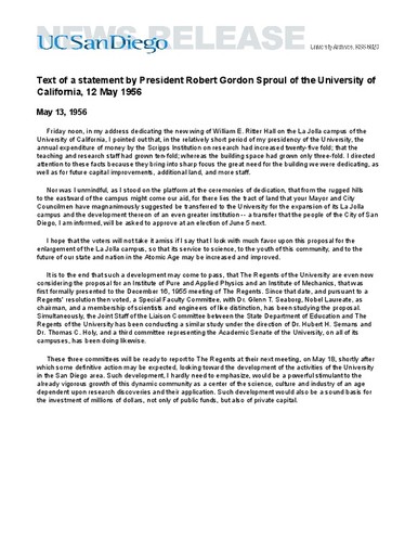 Text of a statement by President Robert Gordon Sproul of the University of California, 12 May 1956