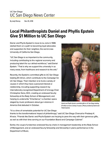 Local Philanthropists Daniel and Phyllis Epstein Give $1 Million to UC San Diego