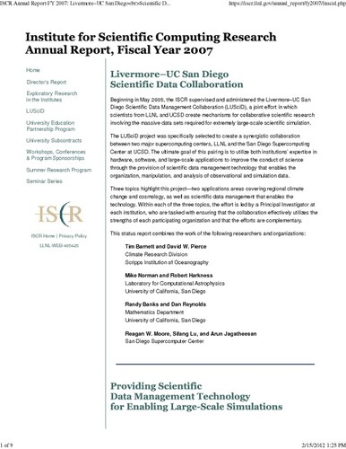Institute for Scientific Computing Research Annual Report, Fiscal Year 2007. Livermore--UC San Diego Scientific Data Collaboration