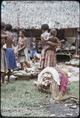 Mortuary ceremony: women with banana leaf bundles, fiber skirts, and baskets of food for ritual exchange