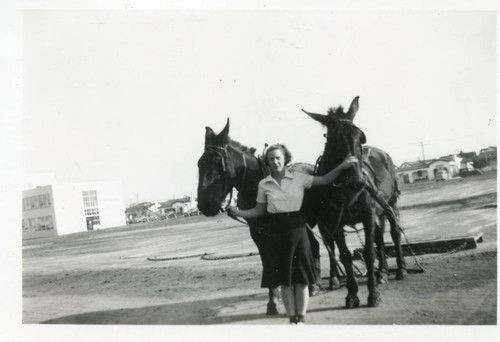 Jo An (Penn) Haws with two mules on the LA Campus