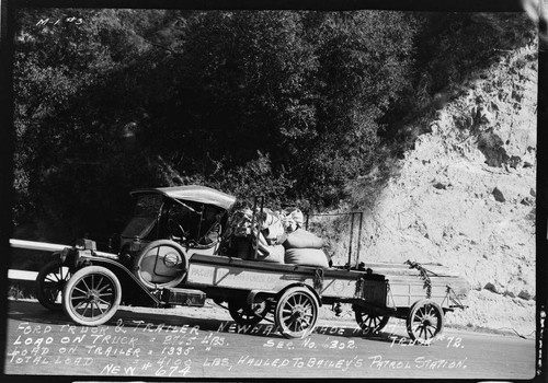 PL&P Ford auto truck #72 and trailier on Newhall Grade hauling 4100 lbs to Bailey's Patrol Station