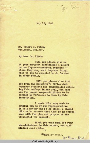 Letter from Remsen Bird to Robert E. Fitch, Professor of Philosophy, Occidental College, May 15, 1942