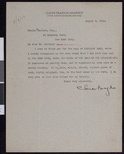 Claude Bragdon, letter, 1916-08-09, to Hamlin Garland