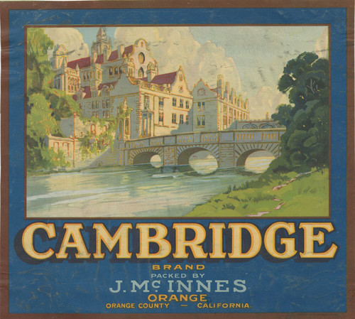 Crate label for "Cambridge Brand" packed by J. McInnes, Orange, California, 1922-1925