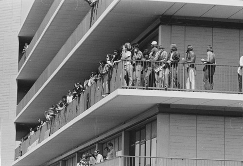 Student protestors against the Vietnam War who had taken over Urey Hall on the UCSD campus, they are shown here on the outside balcony walkways of Urey hall stopping non-protestors from entering and or exiting. May 4, 1970