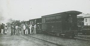 Missionaries and steam train, Congo, ca. 1900-1915