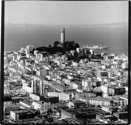 [View of Telegraph Hill with San Francisco Bay in background]