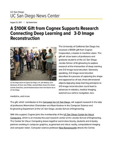 A $100K Gift from Cognex Supports Research Connecting Deep Learning and 3-D Image Reconstruction