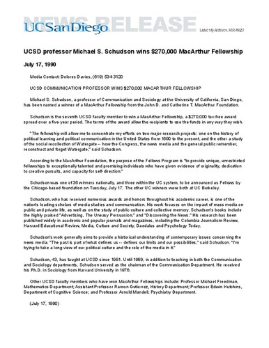 UCSD professor Michael S. Schudson wins $270,000 MacArthur Fellowship