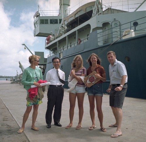 Valerie Craig; Yoshio Horibe (Professor at Toyko University), Karen Craig, Cynthia Craig, Harmon Craig arrive at dock at Tonga