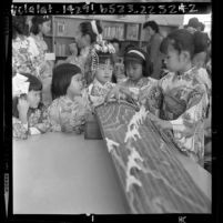 Japanese American girls with a koto during Japanese Girls Day at Robert Hill School in Monterey Park, Calif., 1964