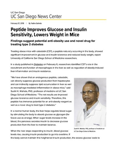 Peptide Improves Glucose and Insulin Sensitivity, Lowers Weight in Mice