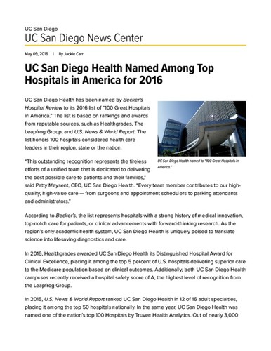 UC San Diego Health Named Among Top Hospitals in America for 2016