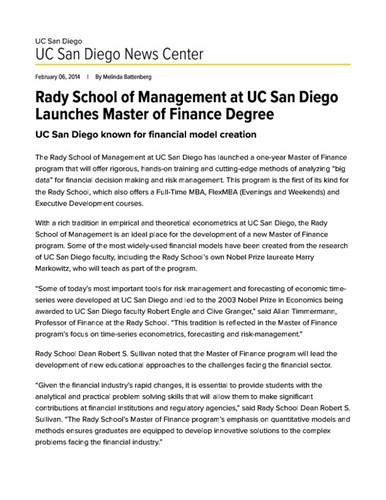 Rady School of Management at UC San Diego Launches Master of Finance Degree