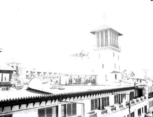 Helicopter landing on roof, Mission Inn