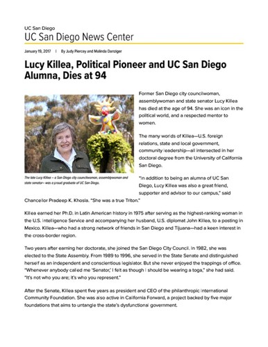 Lucy Killea, Political Pioneer and UC San Diego Alumna, Dies at 94
