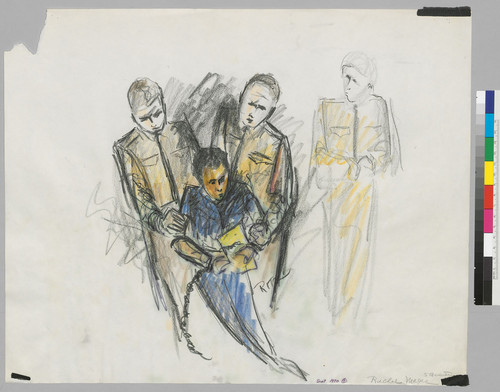 [recto]: Ruchell Magee [in chains], Guards, San Quentin - Sept 1970