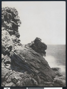 A view of Castle Rock, the famous landmark of Santa Barbara, ca.1950