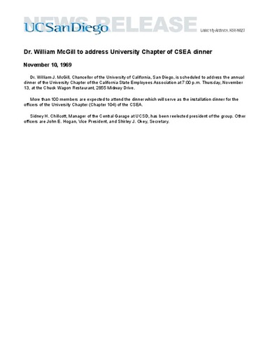 Dr. William McGill to address University Chapter of CSEA dinner