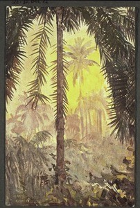 "8. Sunrise in a forest of oil palms. The humidity rises in veils of tropical mist clothes the landscape at dawn in magic"
