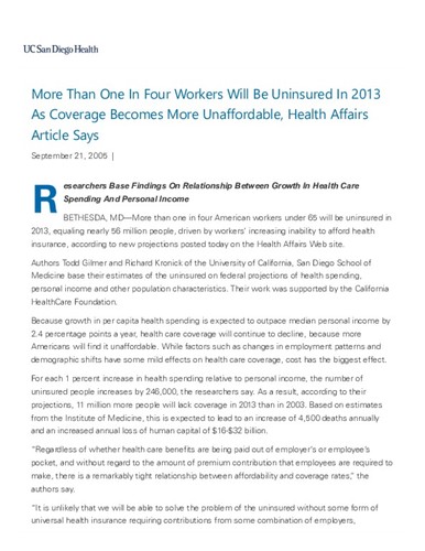 More Than One In Four Workers Will Be Uninsured In 2013 As Coverage Becomes More Unaffordable, Health Affairs Article Says