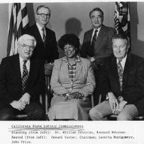 View of California State Lottery Commissioners: Back row, standing (from left) Dr. William Johnston, Kennard Webster. Seated (from left) Howard Varner, Chairman; Laverta Montgomery, and John Price