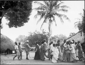 Missionary Guth being greeted by the chief, Tanzania, 1927