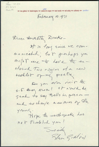 Elsa Gidlow letter to Dorothy Drake, 1971 February 10