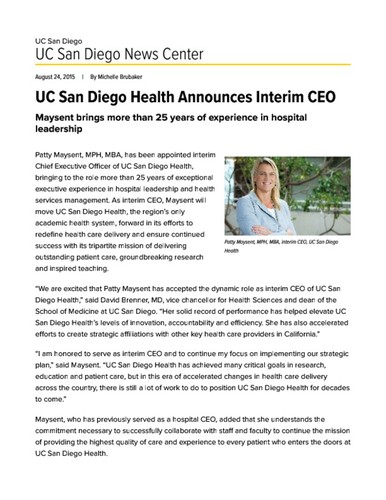 UC San Diego Health Announces Interim CEO