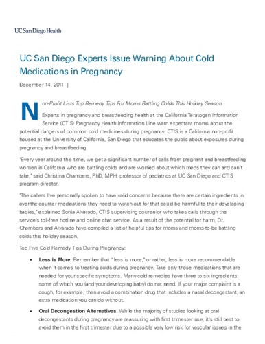 UC San Diego Experts Issue Warning About Cold Medications in Pregnancy