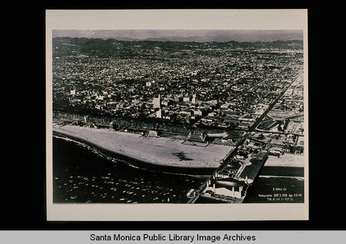 Aerial view of the Pacific Coast showing the Santa Monica Pier and the City of Santa Monica on September 3, 1936