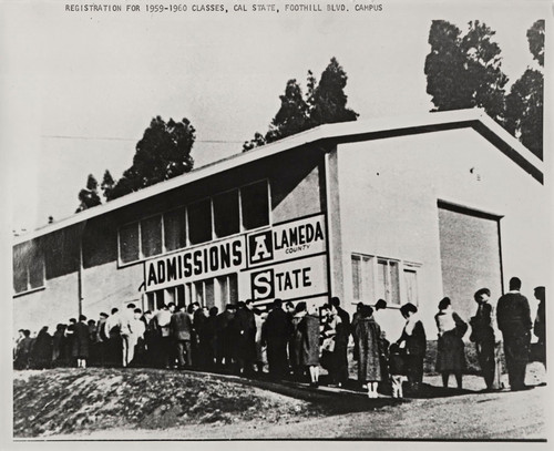 Photograph of students registering for classes at Alameda County State College