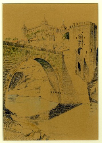 [Arched bridge with towers], colored pencil on paperboard, undated