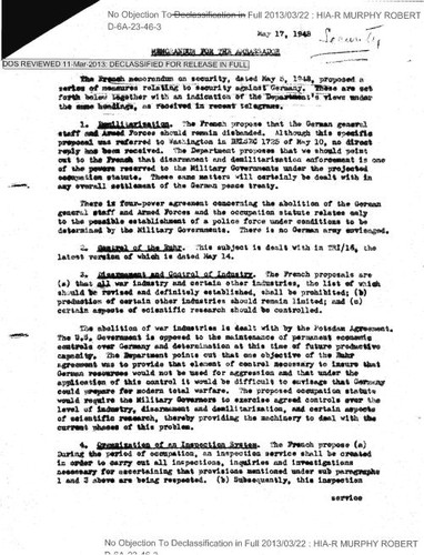 Samuel Reber memorandum for the ambassador regarding the French memorandum on security dated May 5, 1948, with attachment