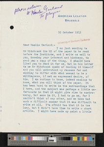 Brand Whitlock, letter, 1915-10-10, to Hamlin Garland