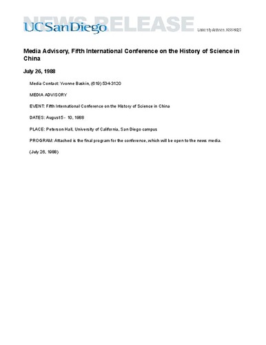 Media Advisory, Fifth International Conference on the History of Science in China