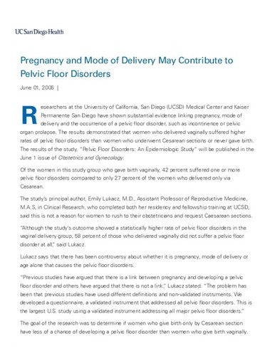 Pregnancy and Mode of Delivery May Contribute to Pelvic Floor Disorders