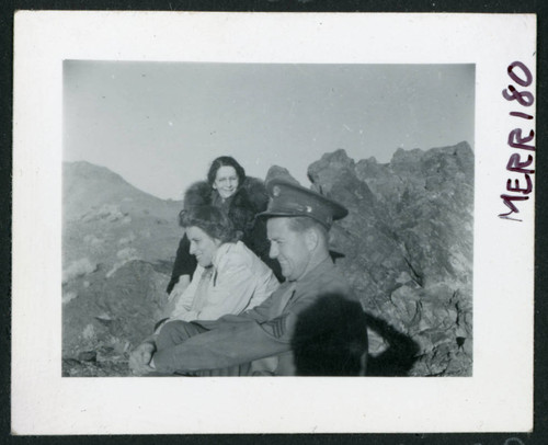 Photograph of L. Josephine Hawes, Mrs. Chamberlain and an army guard in Death Valley