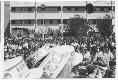 Crowd gathered to hear Robert F. Kennedy speak at San Fernando Valley State College, March 25, 1968
