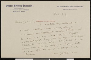 Joseph Edgar Chamberlin, letter, to Hamlin Garland