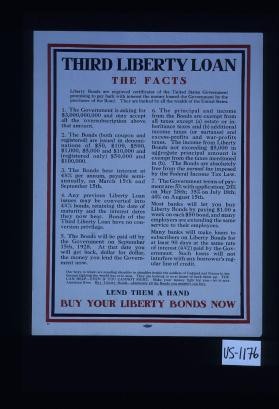 Third Liberty Loan. The facts. Liberty bonds are engraved certificates of the United States government promising to pay back with interest the money loaned the government by the purchaser of the bond. They are backed by all the wealth of the United States