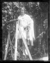 Woman posing on ladder with rose bushes