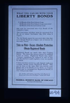 What can you do with your Liberty bonds? 3 1/2% bonds of the first Liberty Loan, 4% bonds of the first Liberty Loan converted, 4% bonds of the second Liberty Loan may now be converted into 4 l/4% bonds of the respective loans