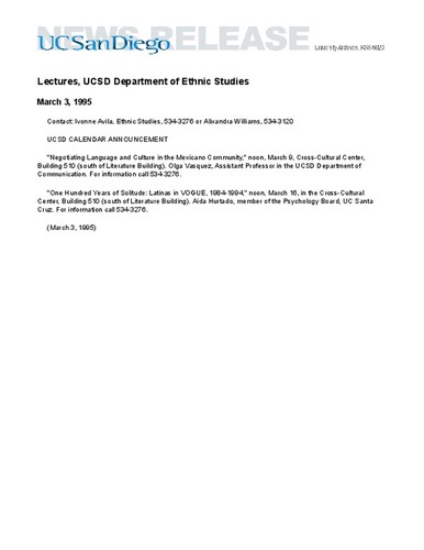 Lectures, UCSD Department of Ethnic Studies